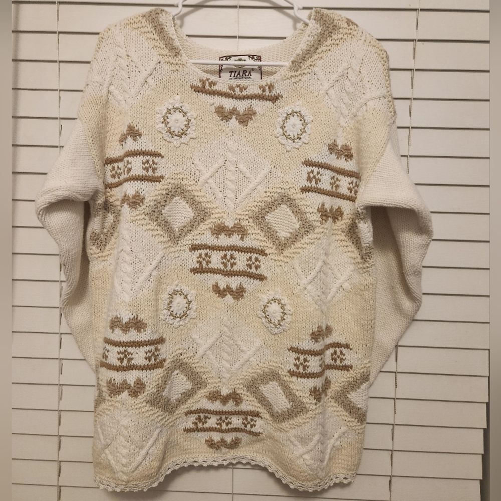 Vintage 90s Tiara International Cream and Brown Grandma Sweater Size M